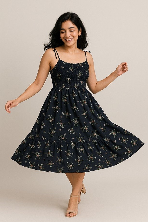 Floral Mini Black Dress - Women's Fashion Clothing - Image 2