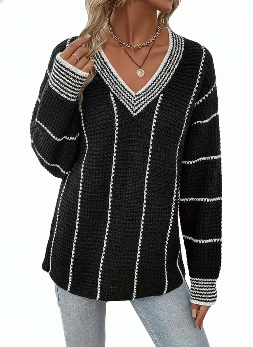 V-Neck Oversized Sweater - Women's Fashion Clothing Essential