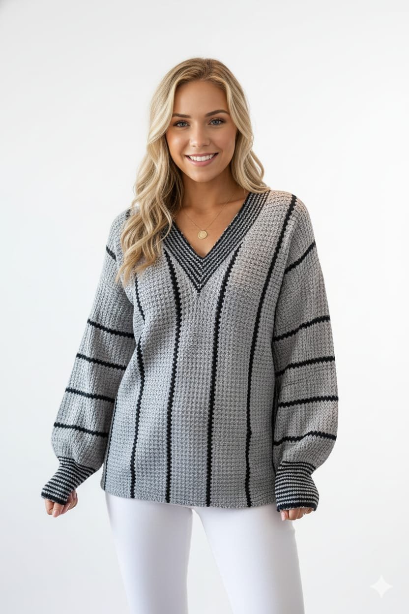 V-Neck Oversized Sweater - Women's Fashion Clothing Essential - Image 2