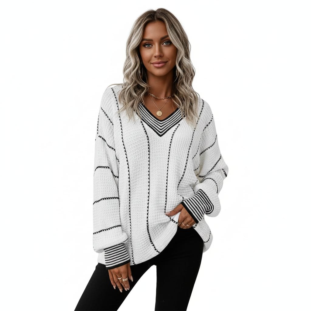 V-Neck Oversized Sweater - Women's Fashion Clothing Essential - Image 3