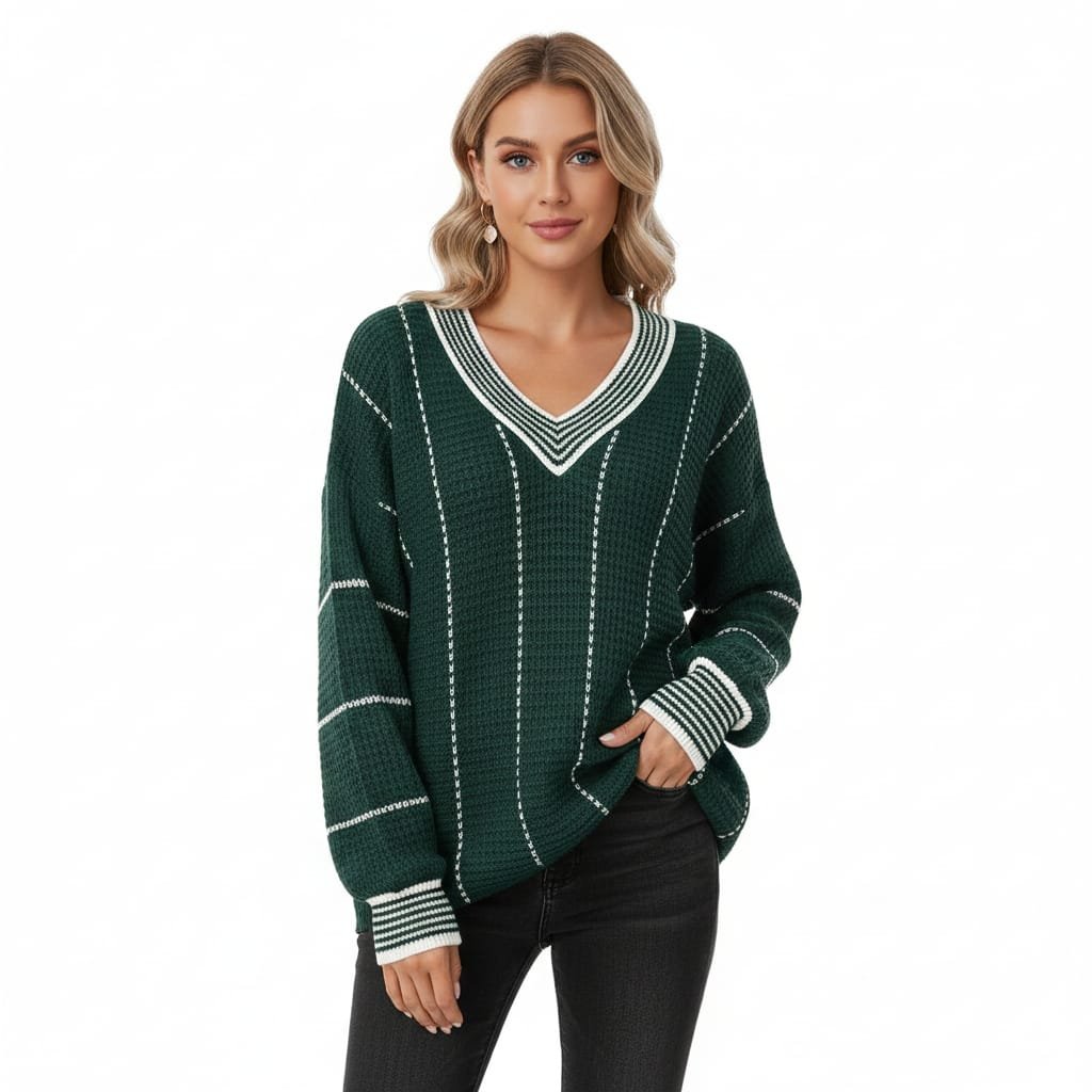 V-Neck Oversized Sweater - Women's Fashion Clothing Essential - Image 4