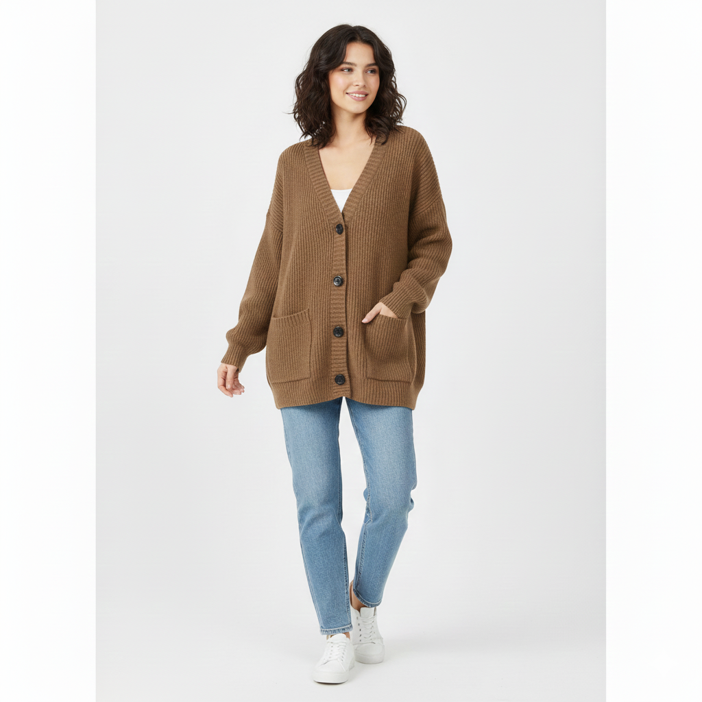 Women's Blend Chunky Knit V-Neck Cardigan with Pockets - Fashion Clothing