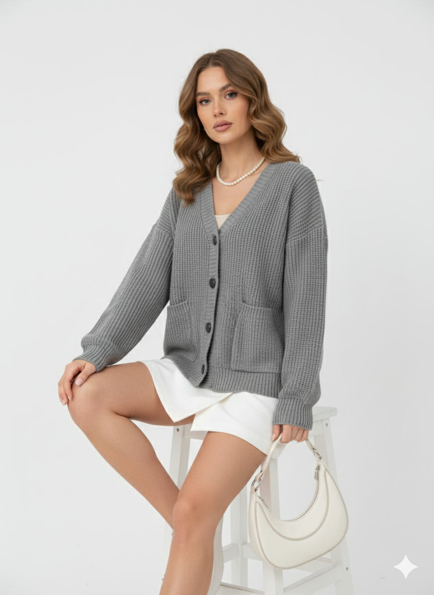Women's Blend Chunky Knit V-Neck Cardigan with Pockets - Fashion Clothing - Image 2