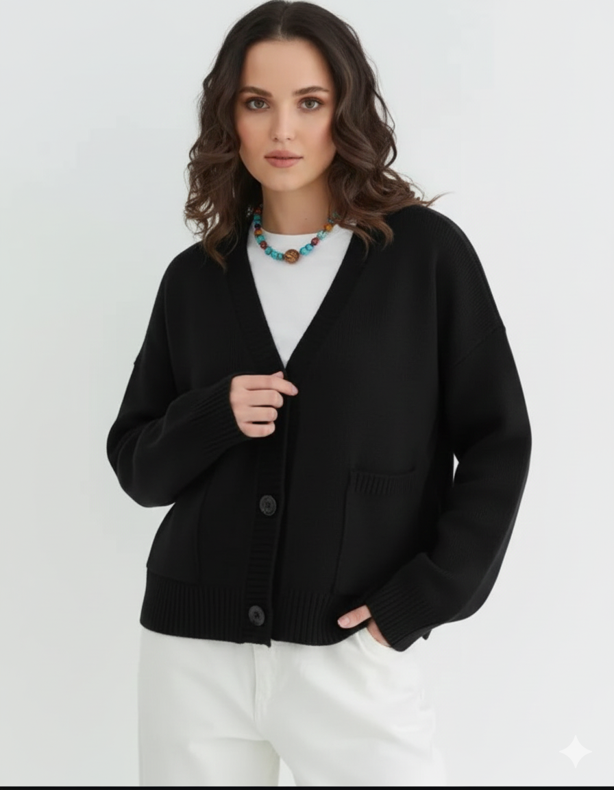 Women's Blend Chunky Knit V-Neck Cardigan with Pockets - Fashion Clothing - Image 3