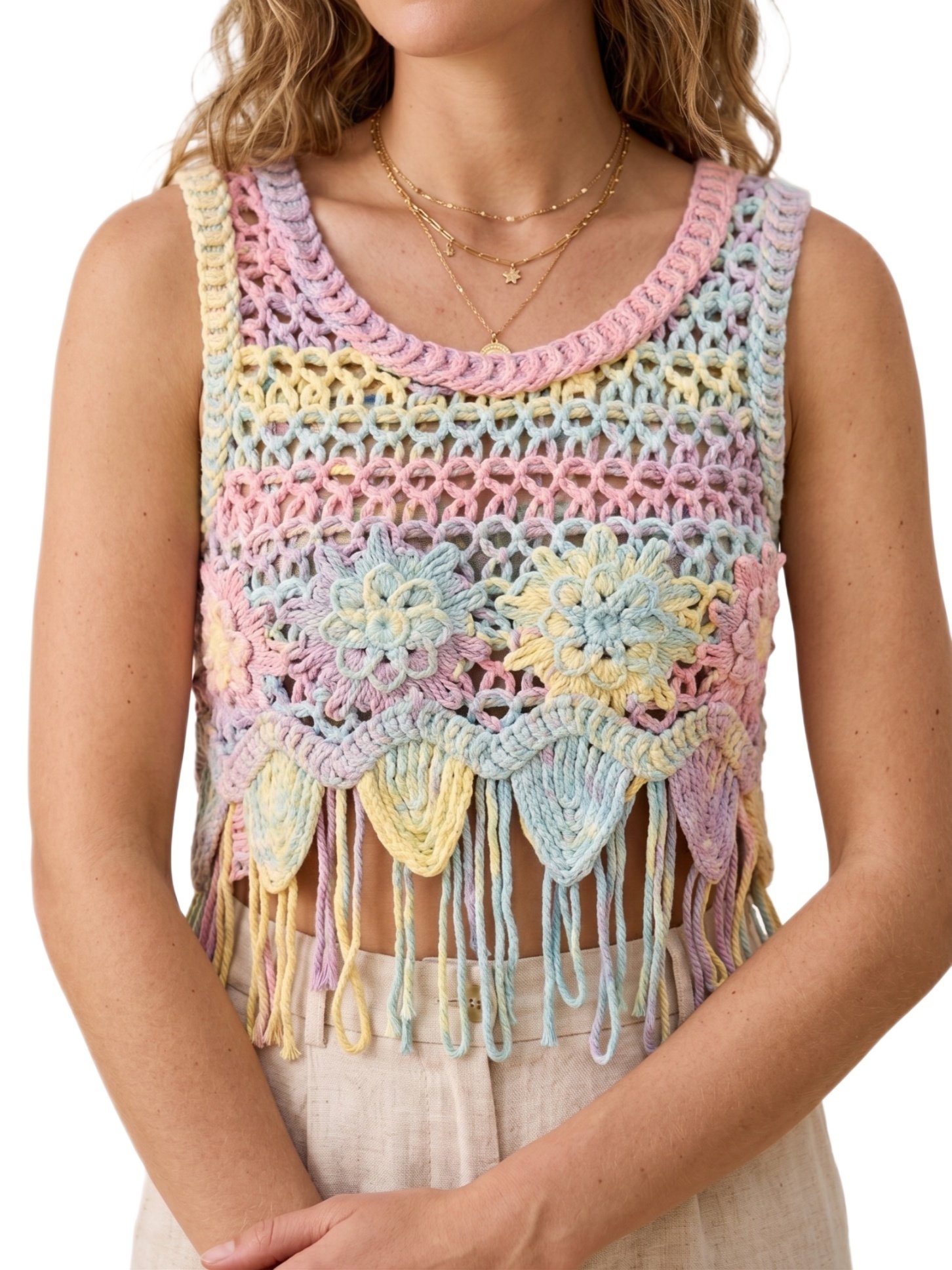 Pastel Fringe Crochet Top - Boho Chic Shirt