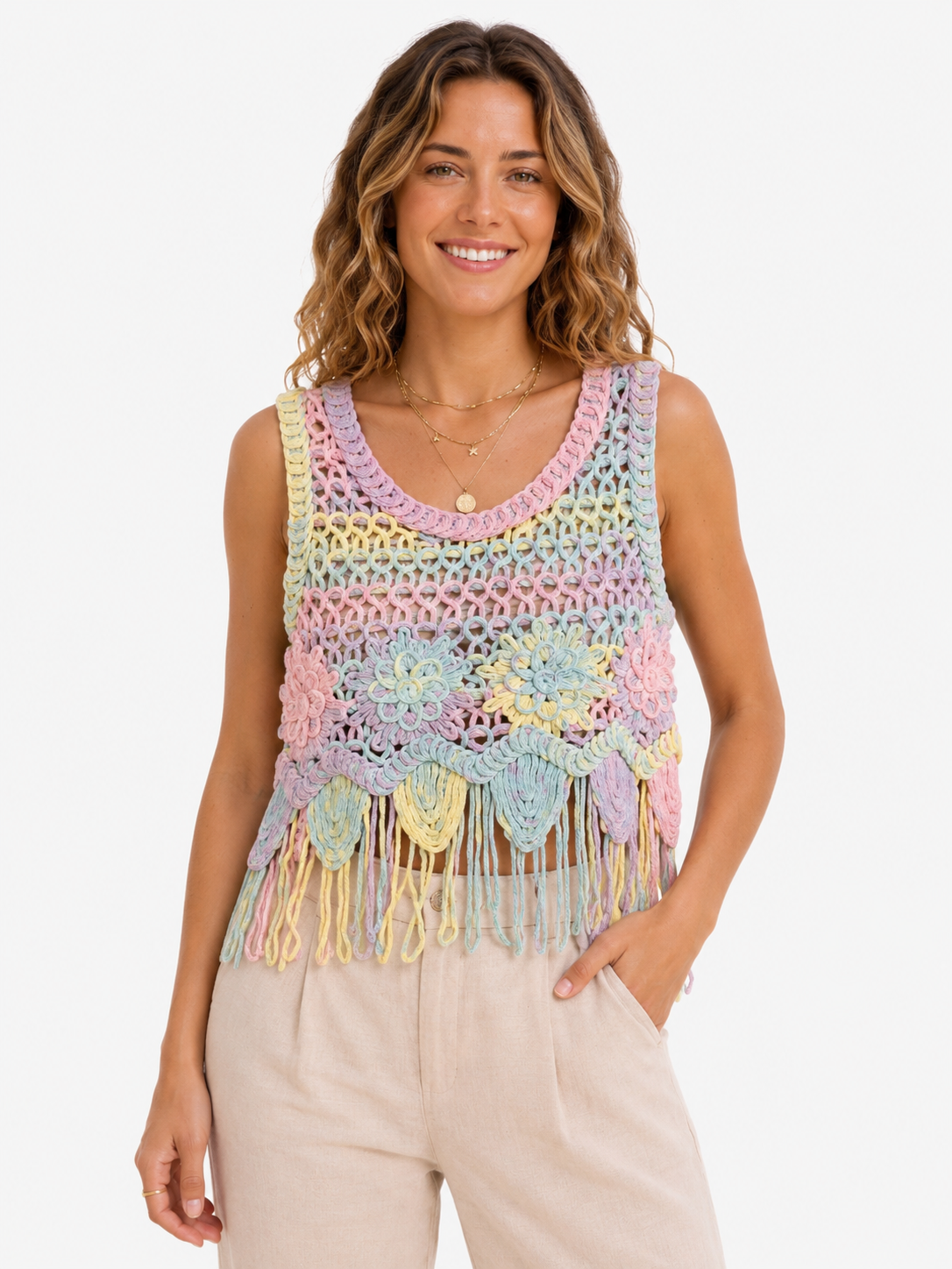 Pastel Fringe Crochet Top - Boho Chic Shirt - Image 4