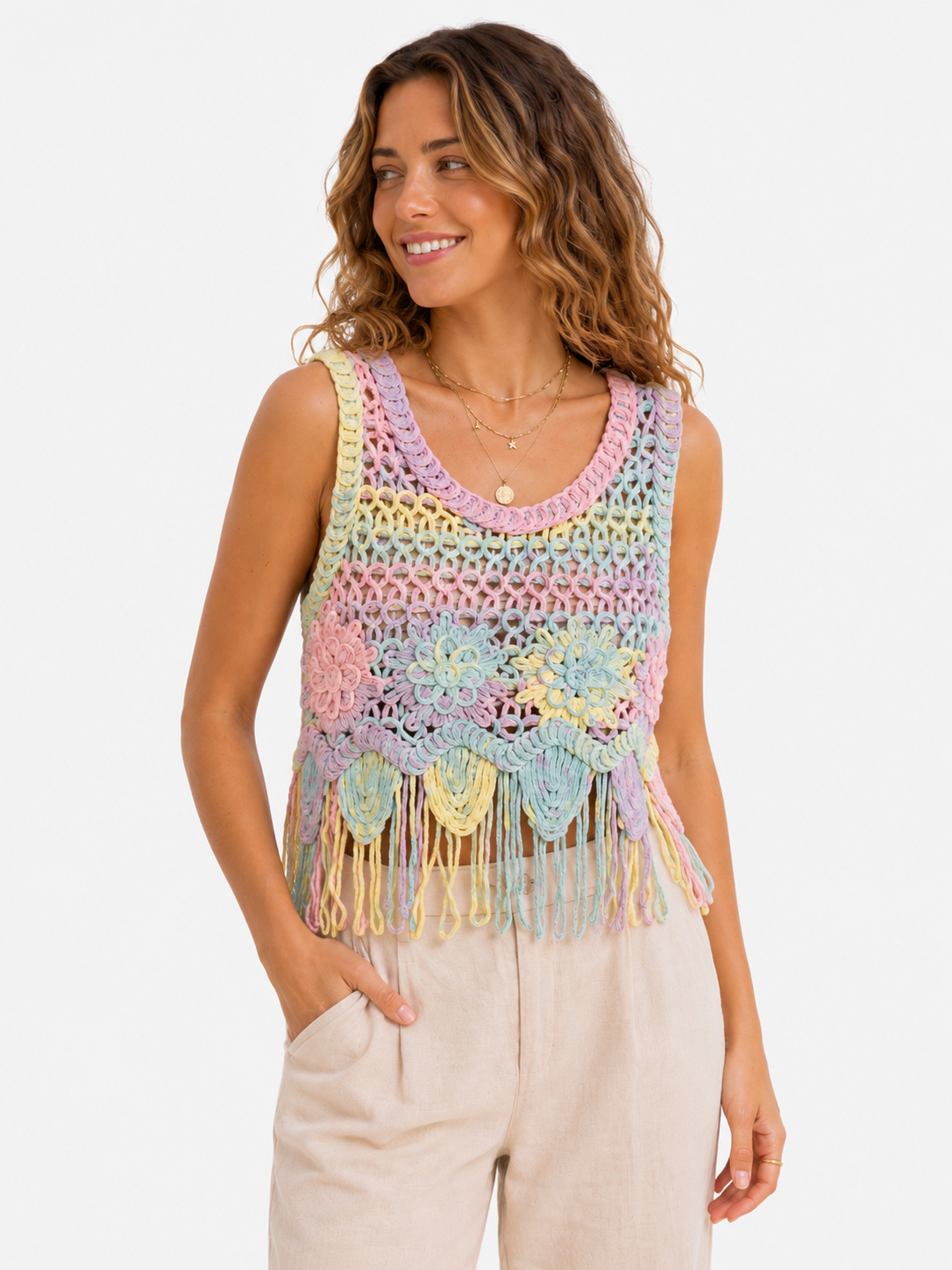 Pastel Fringe Crochet Top - Boho Chic Shirt - Image 5