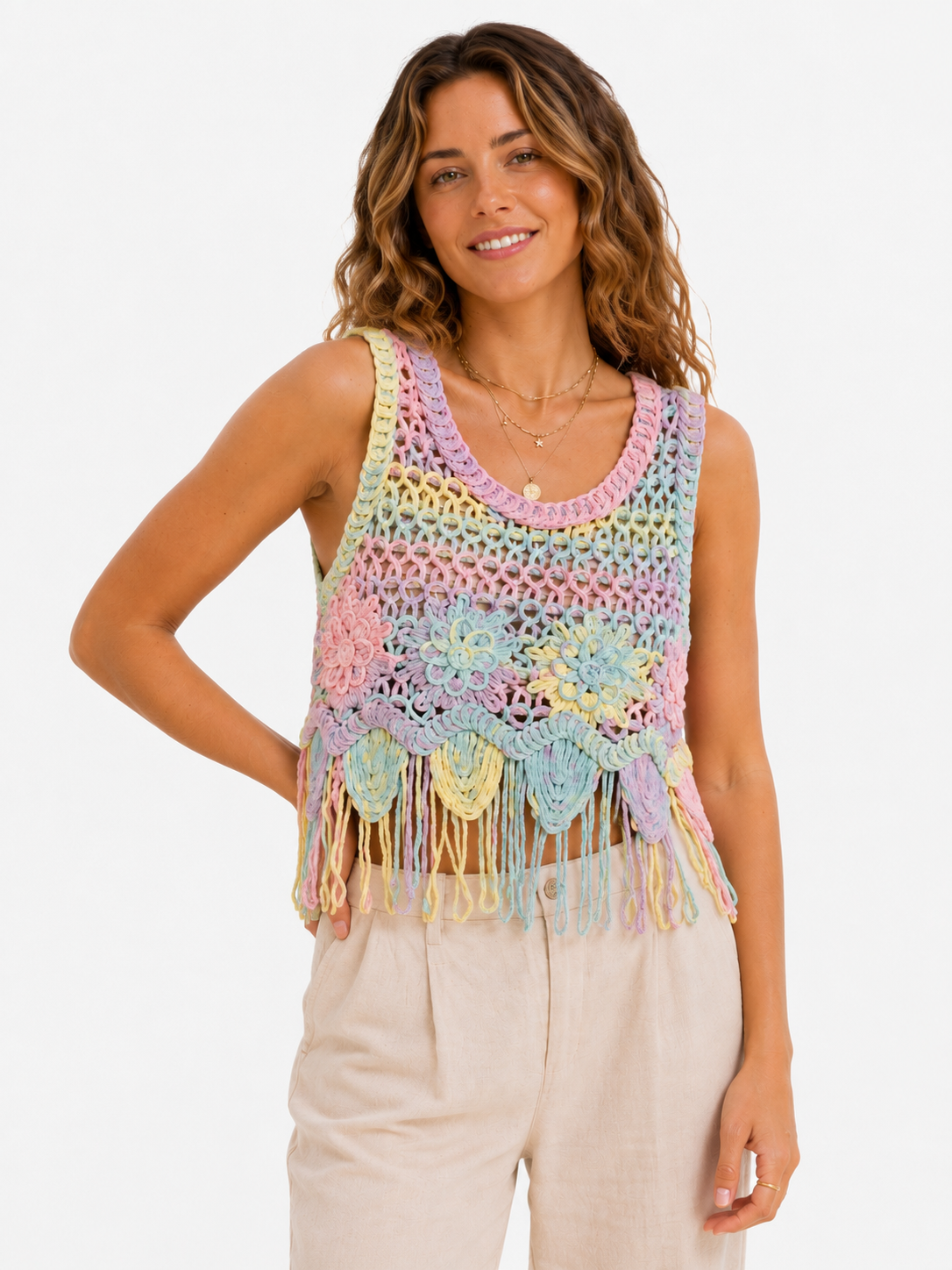 Pastel Fringe Crochet Top - Boho Chic Shirt - Image 6