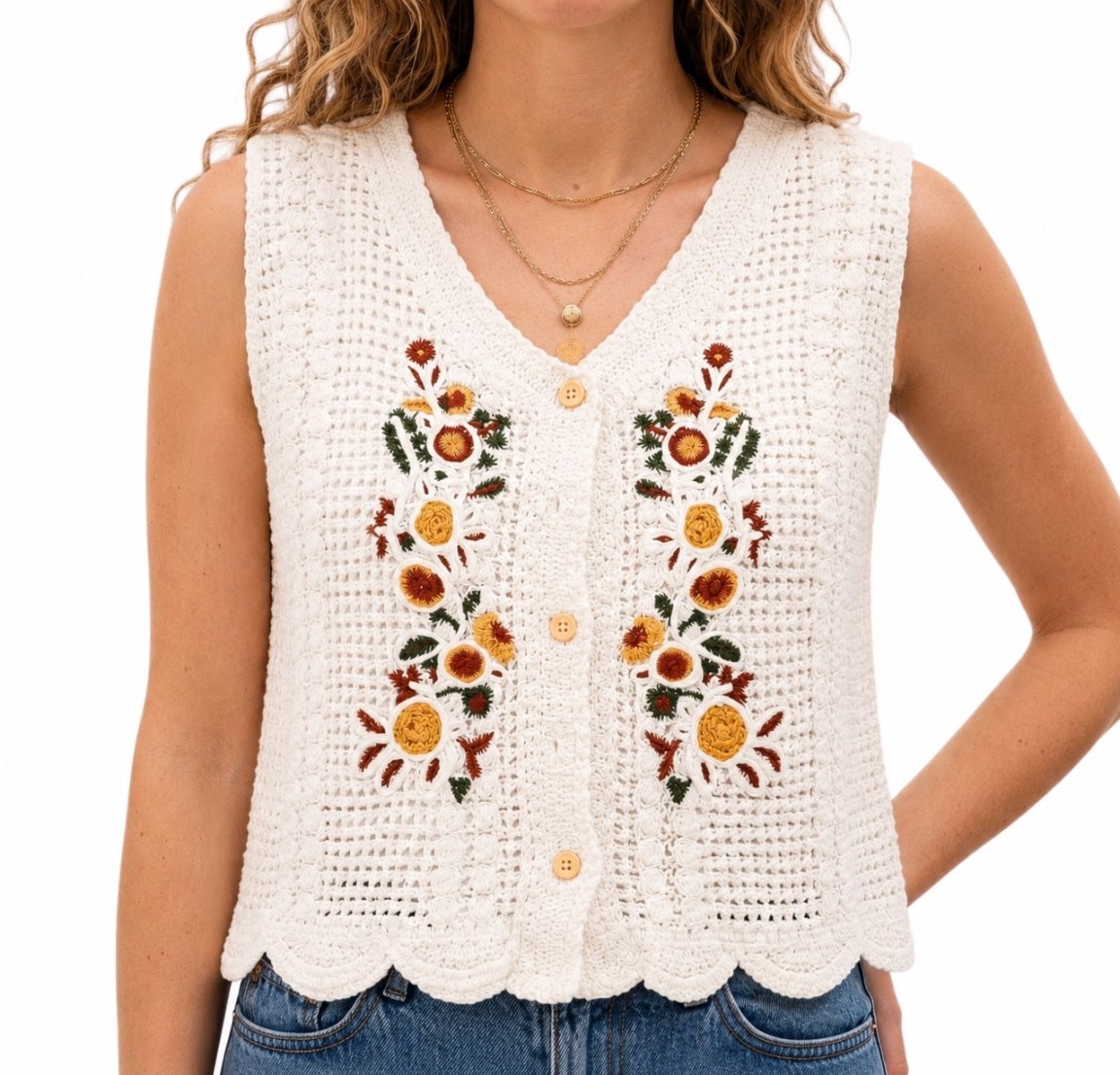 Ivory Sunflower Crochet Top - Boho Chic Shirt