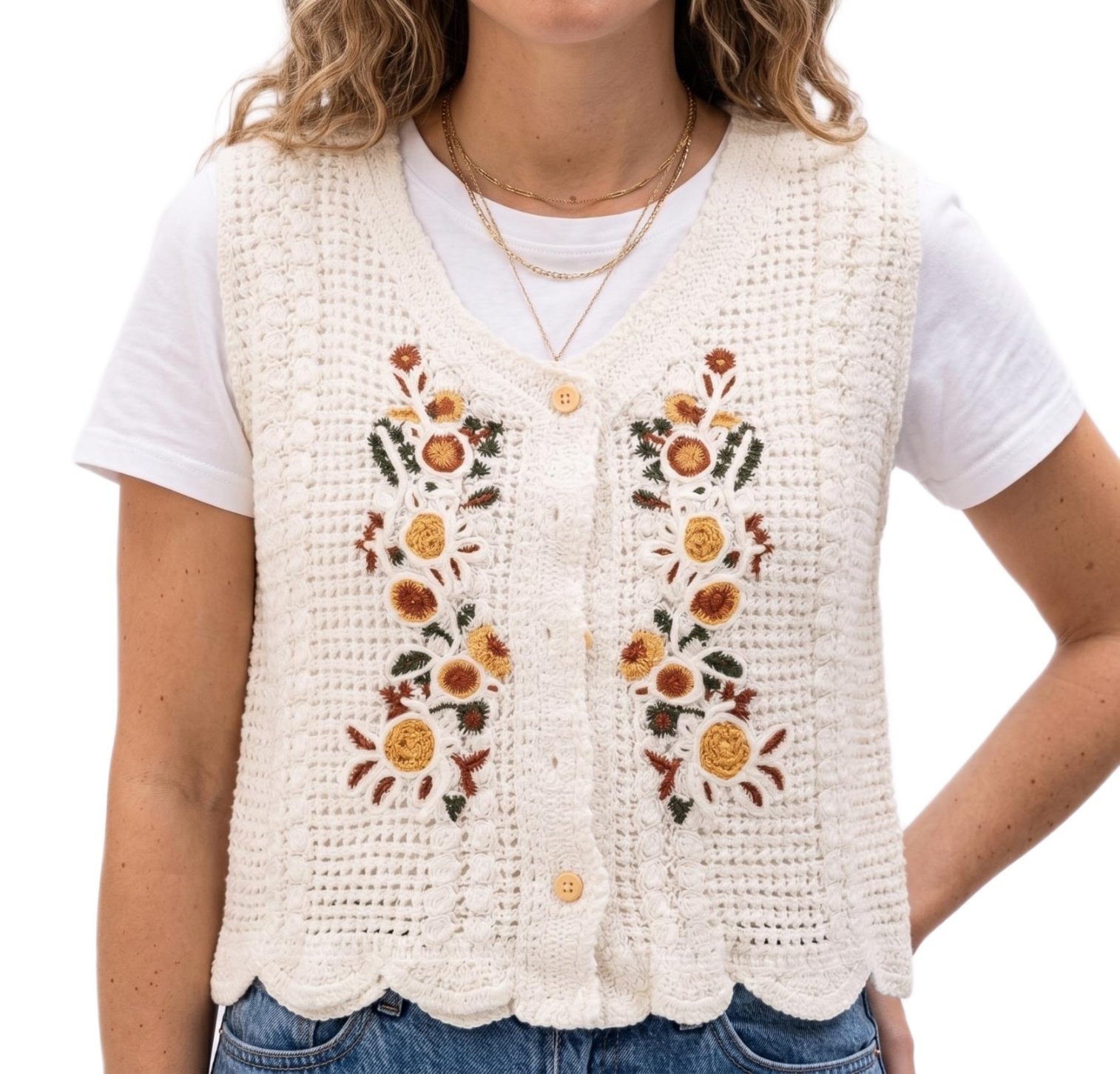 Ivory Sunflower Crochet Top - Boho Chic Shirt - Image 4
