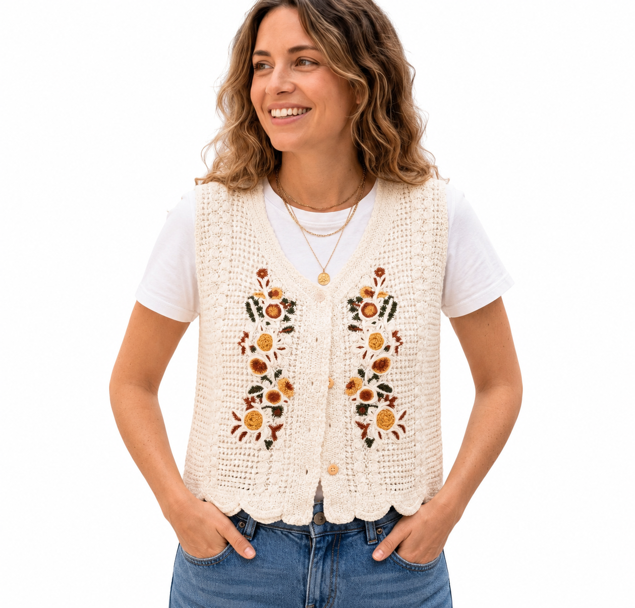 Ivory Sunflower Crochet Top - Boho Chic Shirt - Image 5
