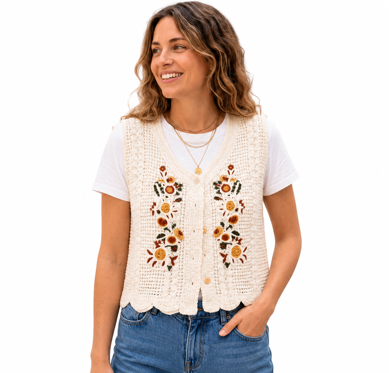 Ivory Sunflower Crochet Top - Boho Chic Shirt - Image 6