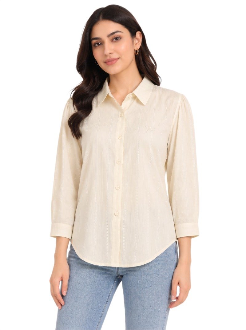 Ivory Ribbon Stripe Shirt - Women's Elegant & Stylish