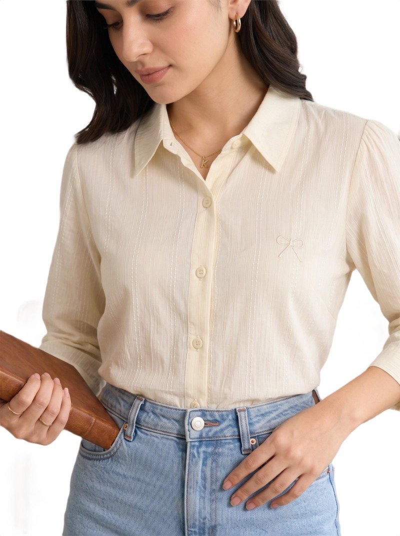Ivory Ribbon Stripe Shirt - Women's Elegant & Stylish - Image 4