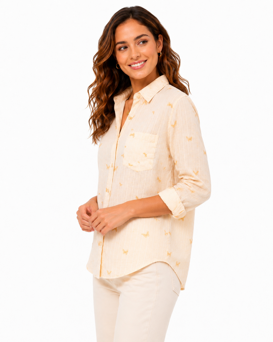 Butterfly Cream Stripe Shirt Top - Women's Casual Shirt - Image 2