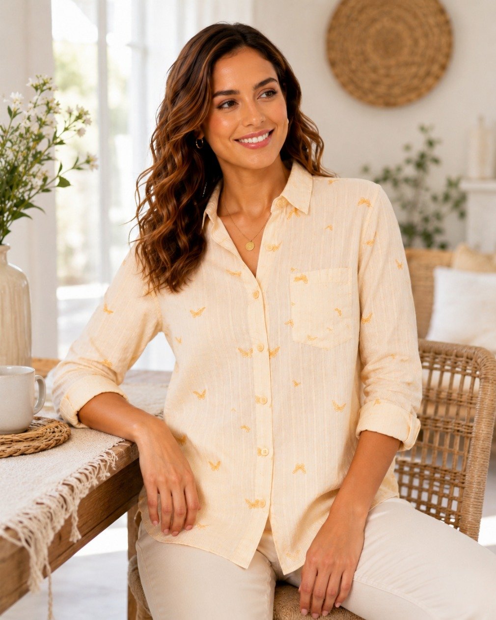 Butterfly Cream Stripe Shirt Top - Women's Casual Shirt - Image 5