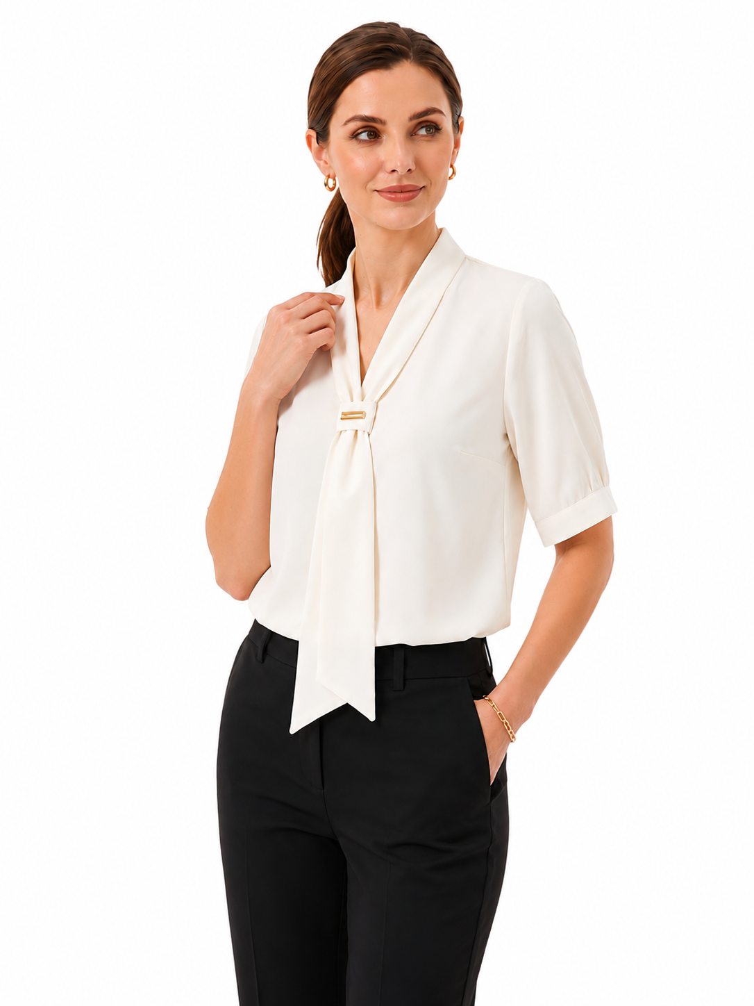 Ivory Scarf Neck Top - Elegant Women's Shirt