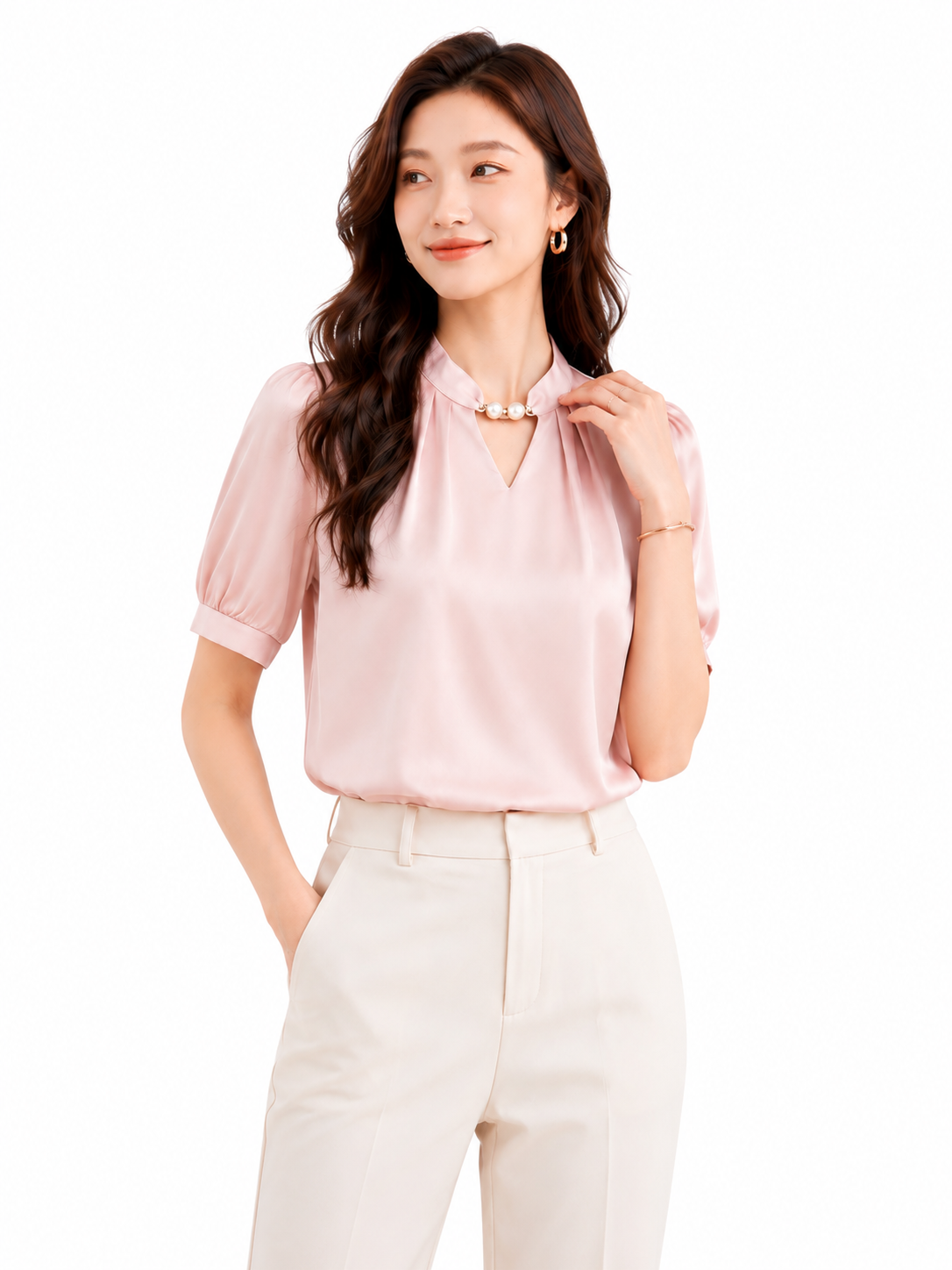 Blush Pearl Neck Top - Women's Stylish Shirt