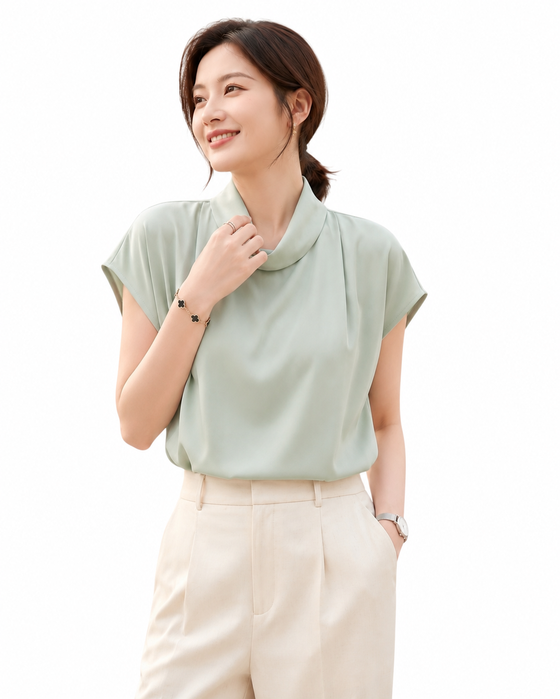 Sage Drape Neck Top - Elegant Women's Shirt