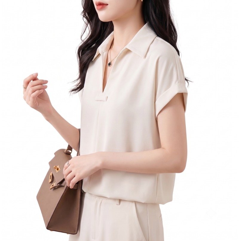 Pearl Collar V-Neck Shirt Top - Image 2