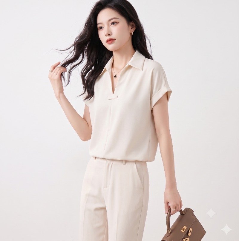 Pearl Collar V-Neck Shirt Top - Image 3