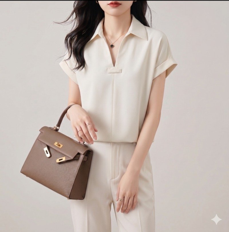 Pearl Collar V-Neck Shirt Top - Image 4