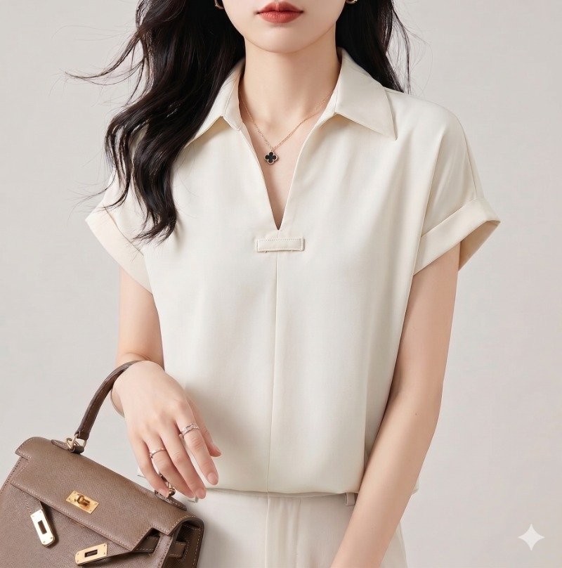 Pearl Collar V-Neck Shirt Top - Image 6