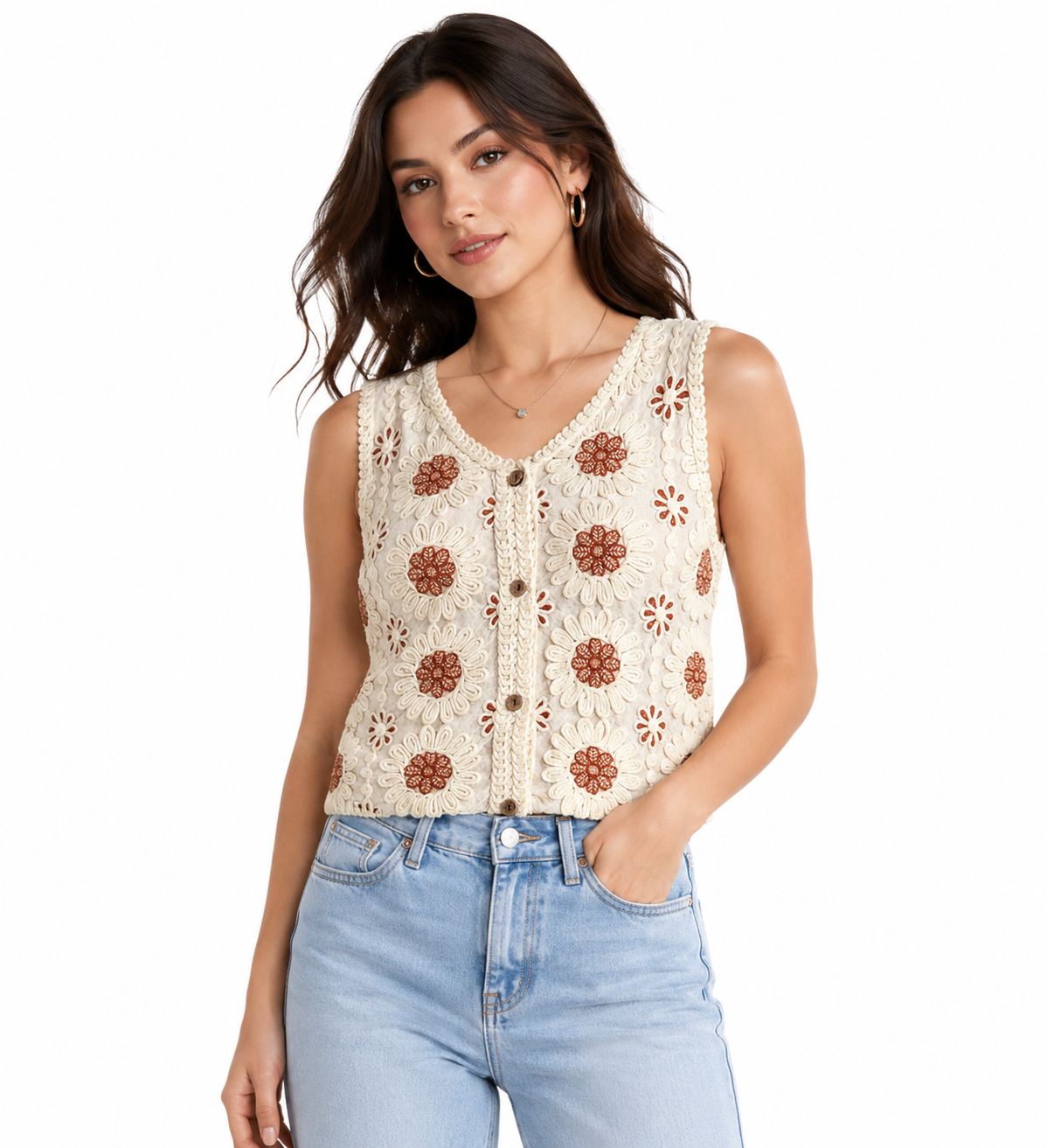 Rust Petal Crochet Top - Boho Chic Shirt