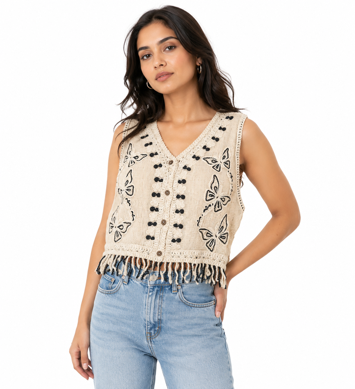 Midnight Butterfly Crochet Top - Women's Shirt