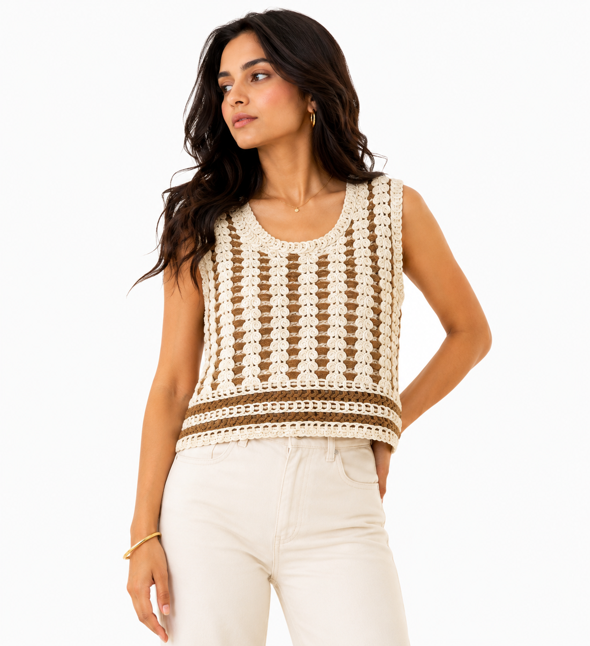 Cocoa Stripe Crochet Top - Women's Shirt