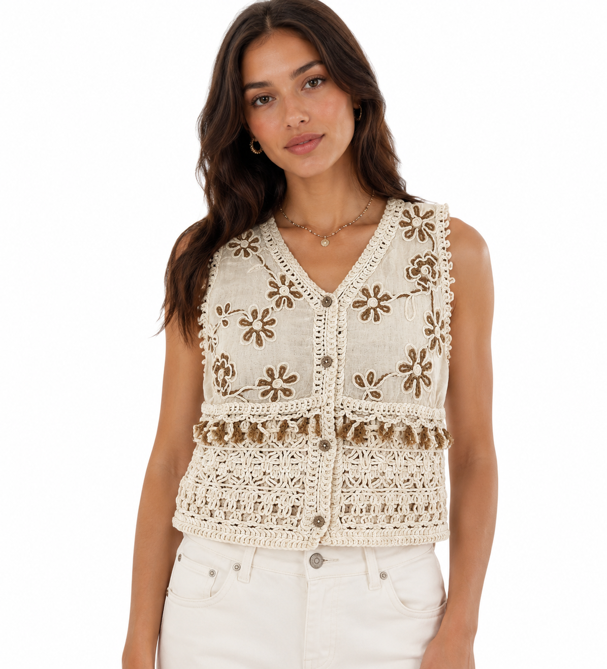 Mocha Garland Crochet Top - Women's Shirt
