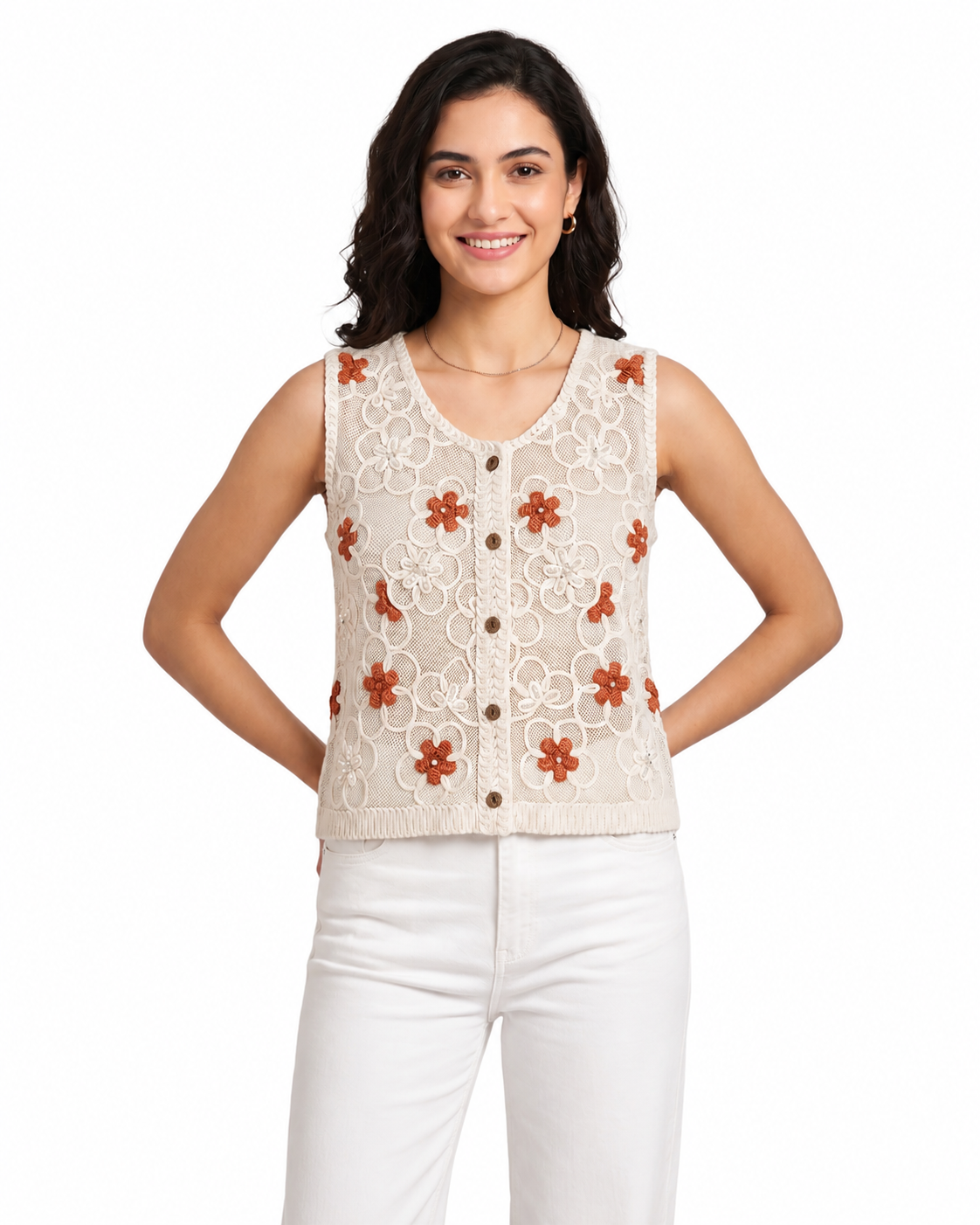 Rust Floraweave Crochet Top - Boho Chic Shirt