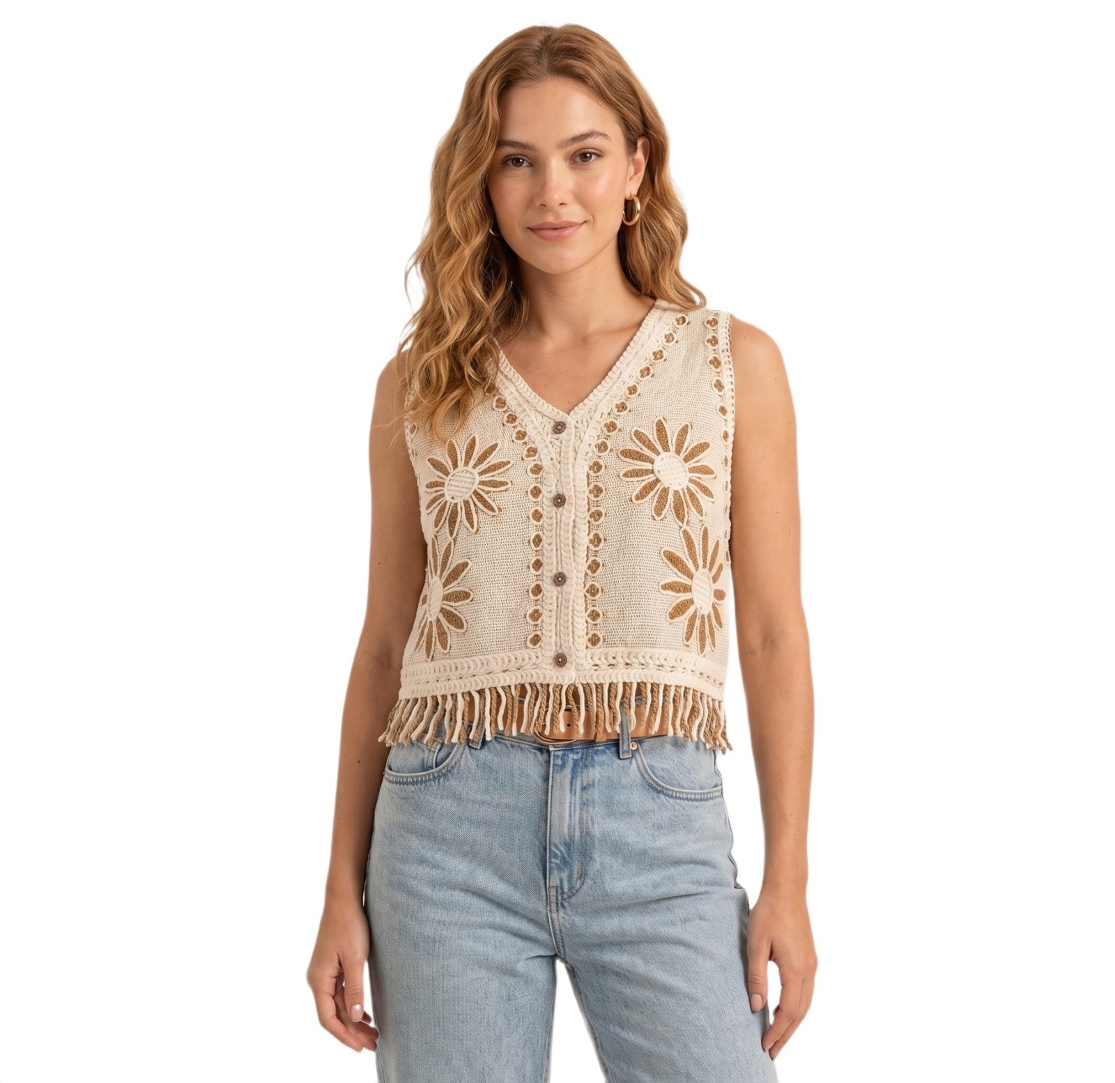 Mocha Daisytrail Crochet Top - Women's Shirt