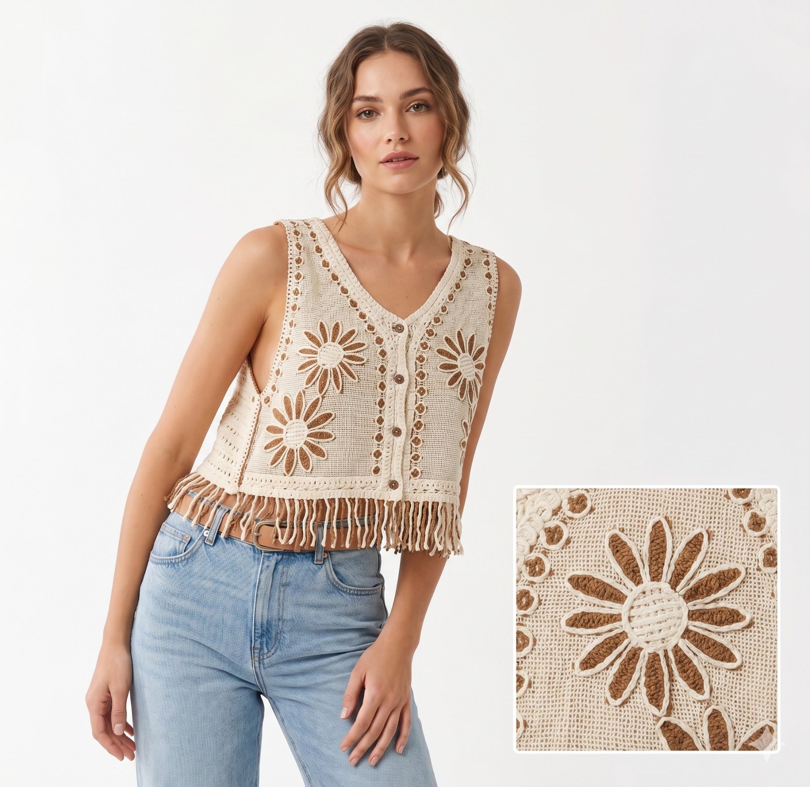 Mocha Daisytrail Crochet Top - Women's Shirt - Image 6