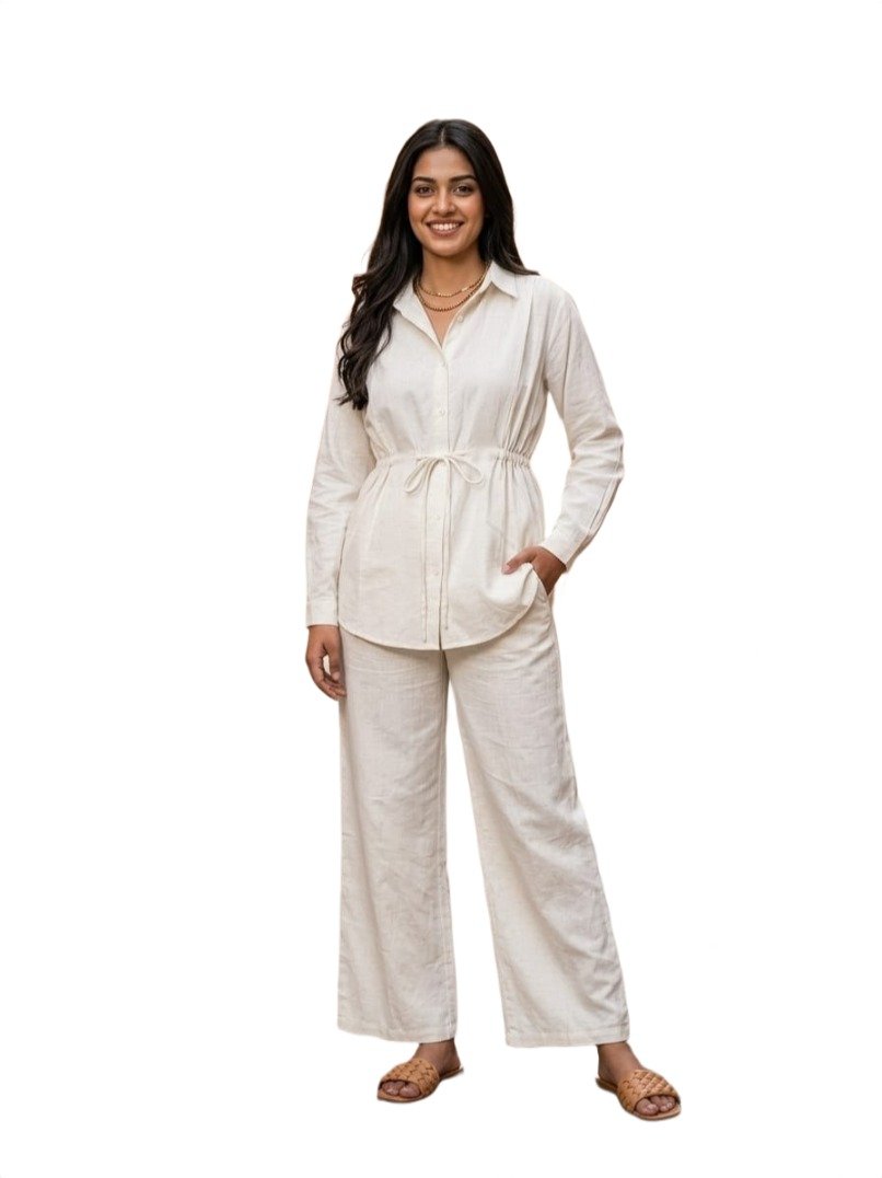 Ivory Drawstring Shirt Co-Ord Set - Dress