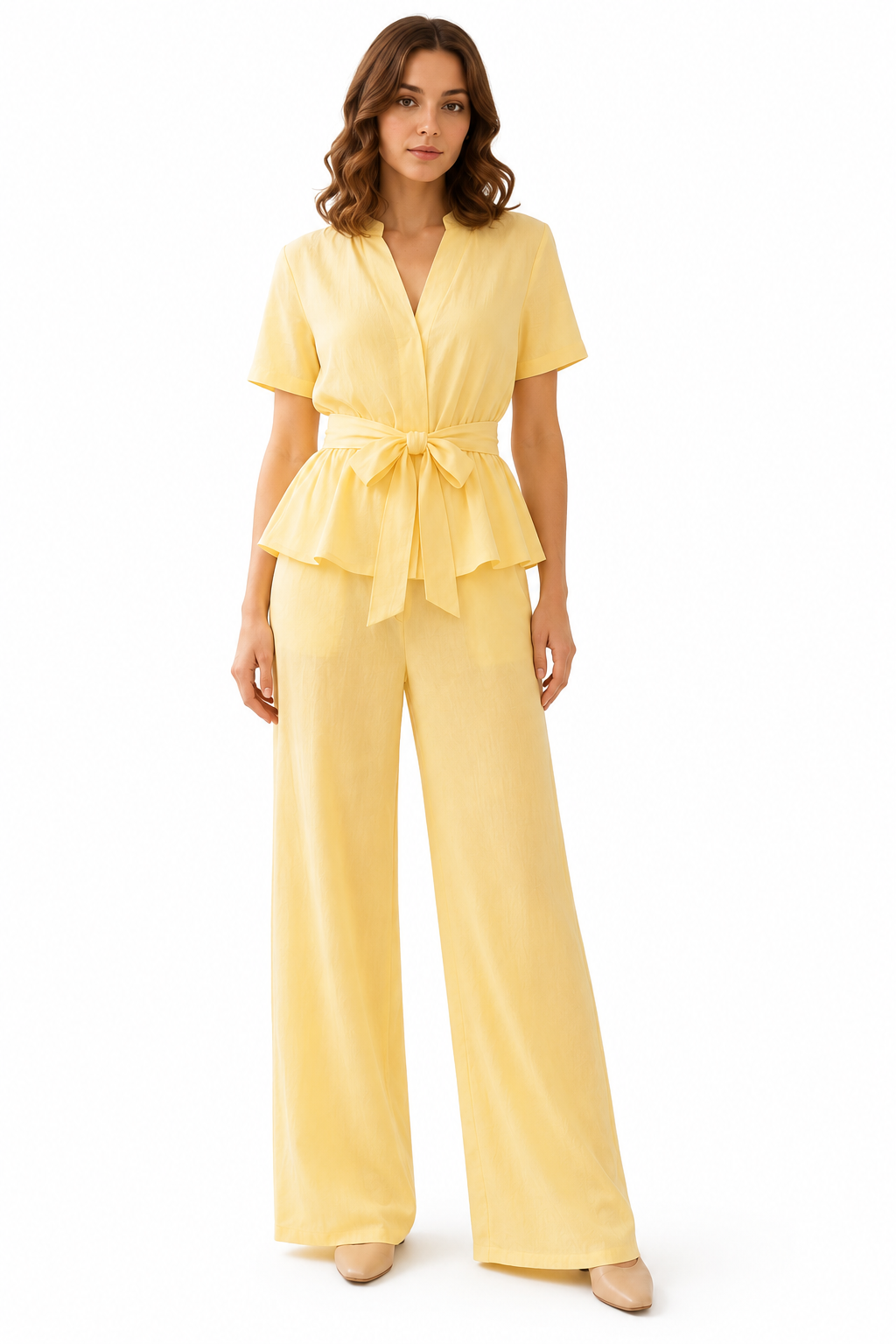 Lemon Mist Tie-Waist Peplum Co-Ord Dress