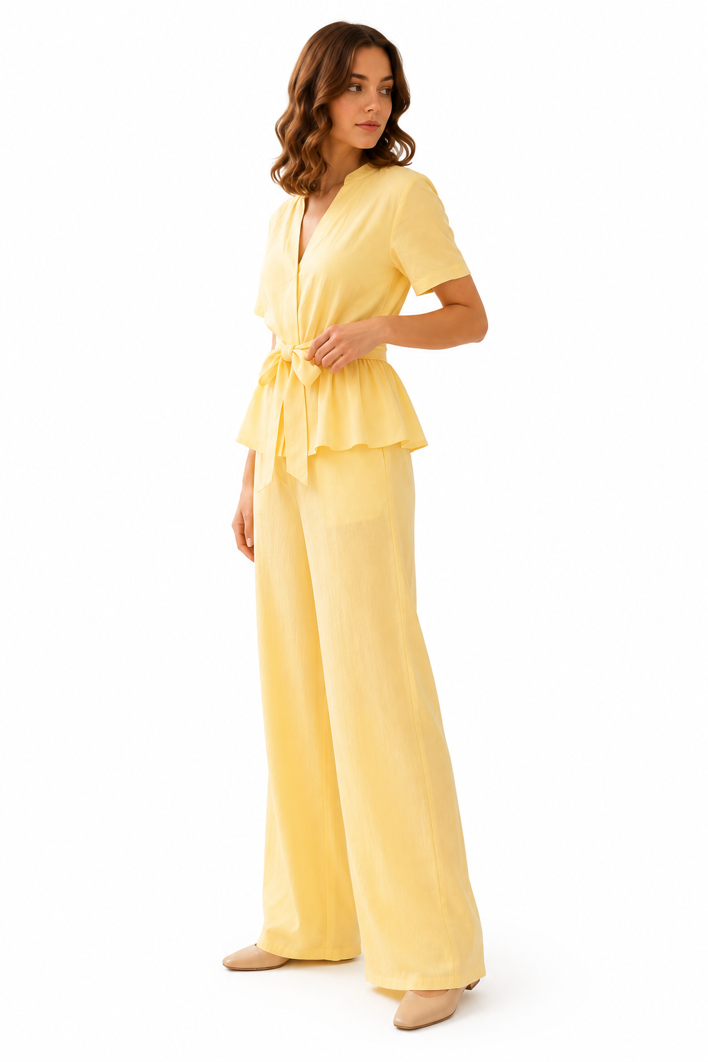 Lemon Mist Tie-Waist Peplum Co-Ord Dress - Image 2