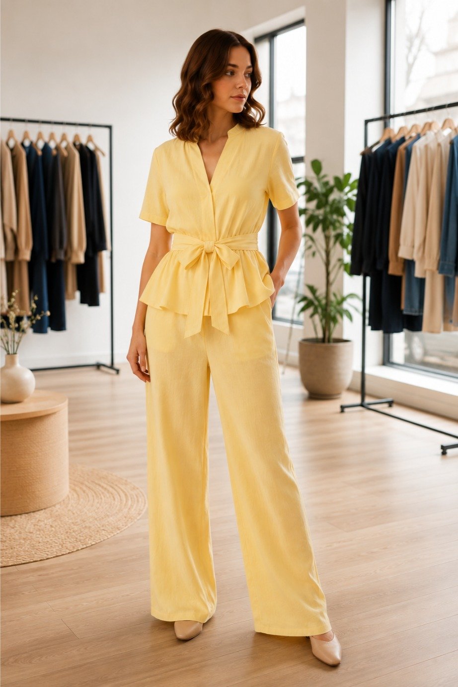 Lemon Mist Tie-Waist Peplum Co-Ord Dress - Image 5