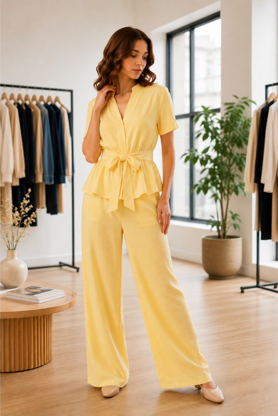 Lemon Mist Tie-Waist Peplum Co-Ord Dress - Image 6