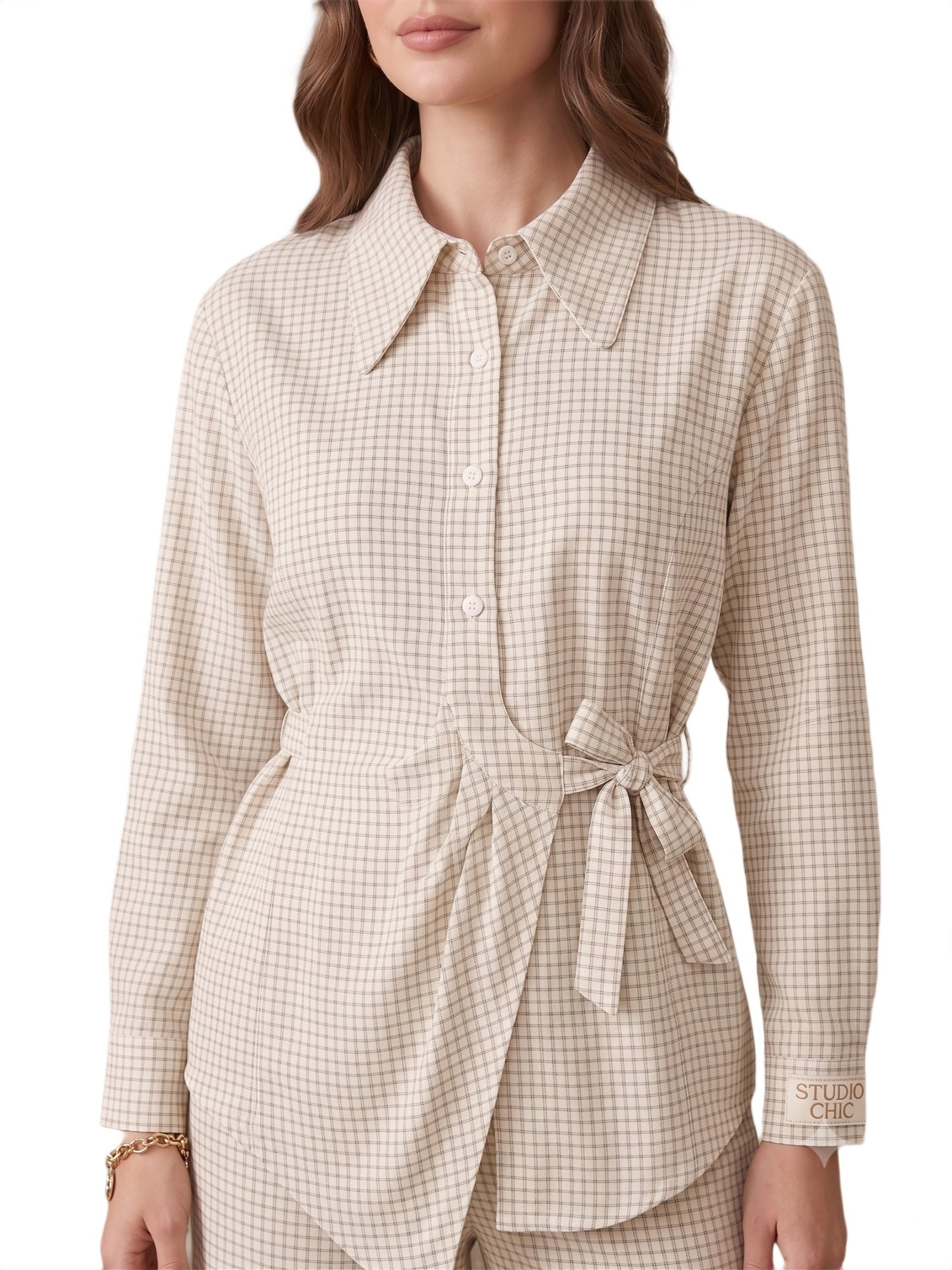 Ivory Check Wrapover Shirt Co-Ord Set Dress - Image 3