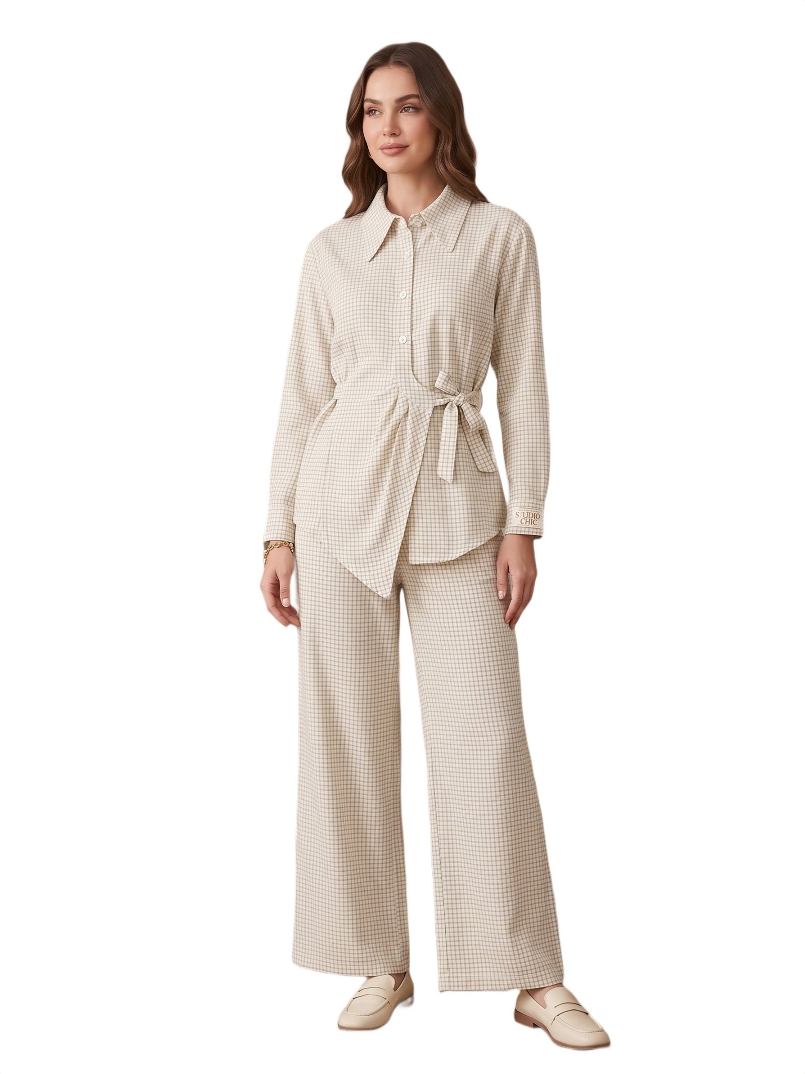 Ivory Check Wrapover Shirt Co-Ord Set Dress - Image 4