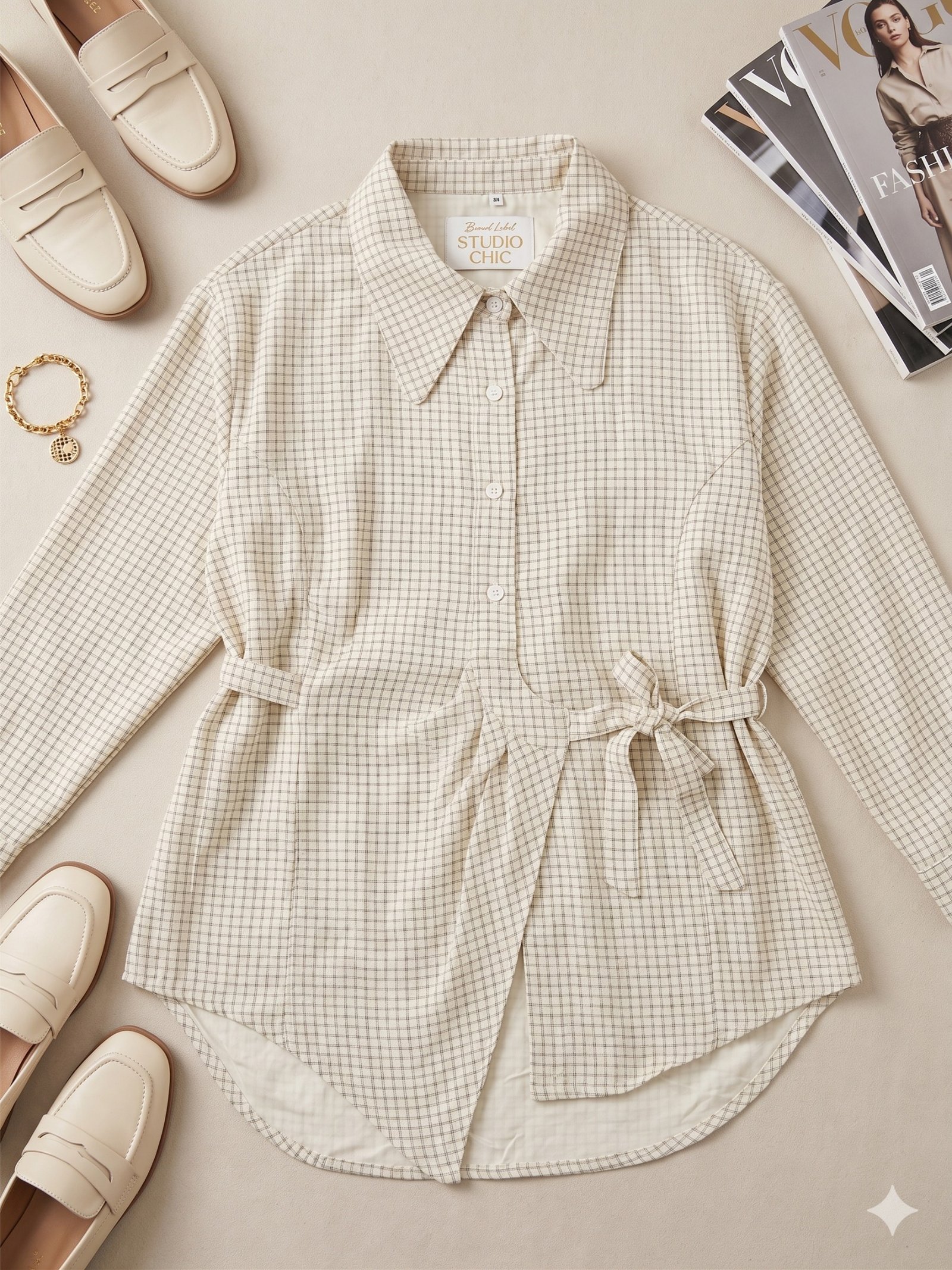 Ivory Check Wrapover Shirt Co-Ord Set Dress - Image 5