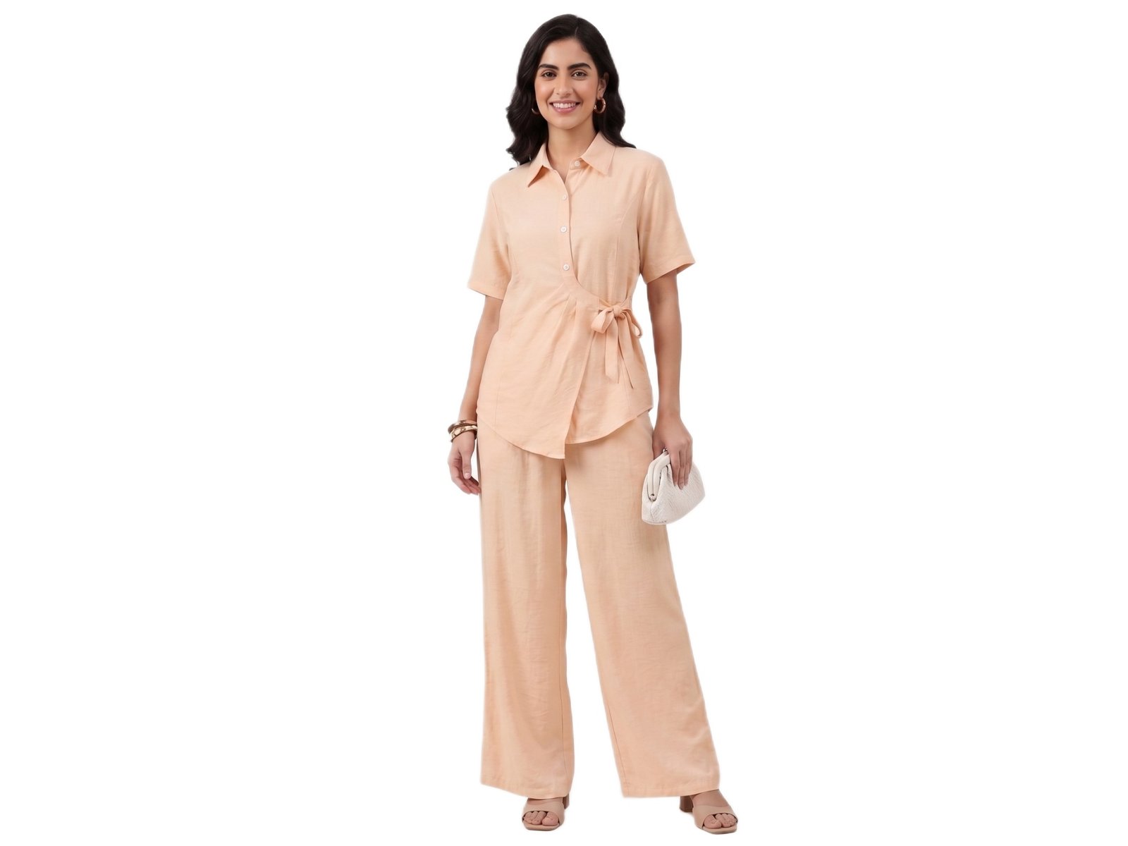 Peach Blush Wrapover Shirt Co-Ord Dress - Image 3