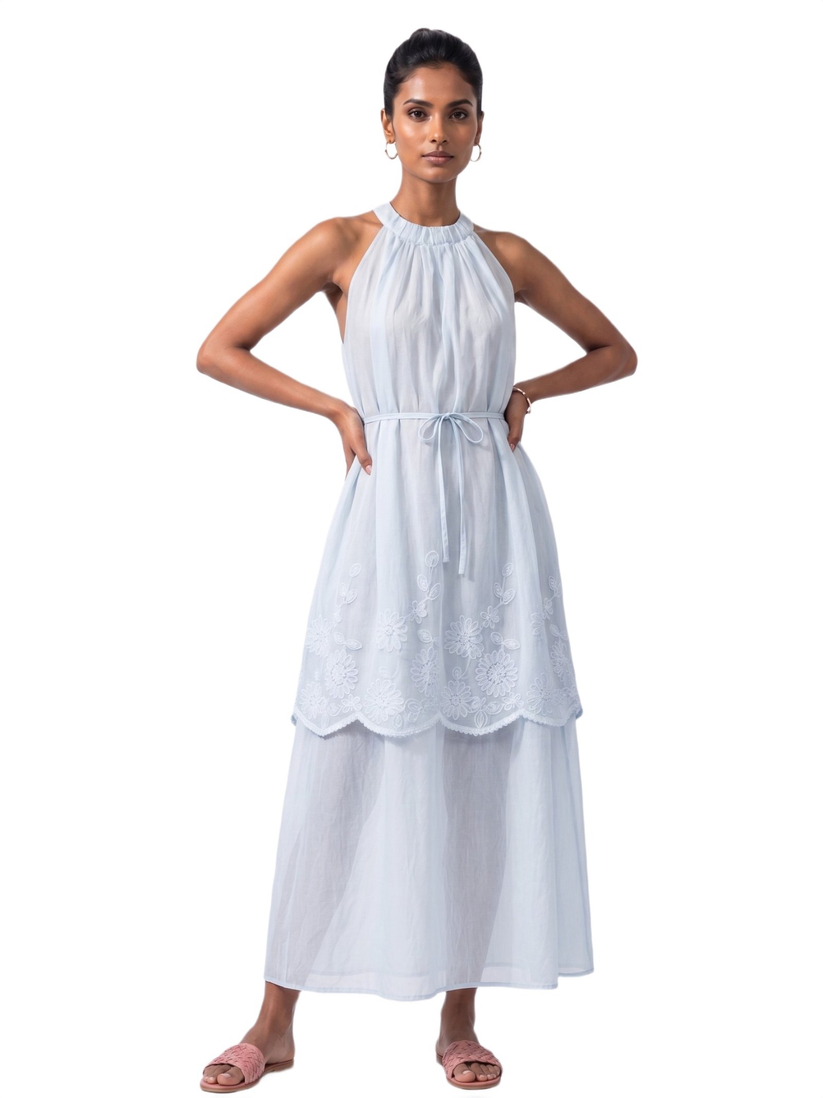 Powder Blue Bloom Embroidered Maxi Dress