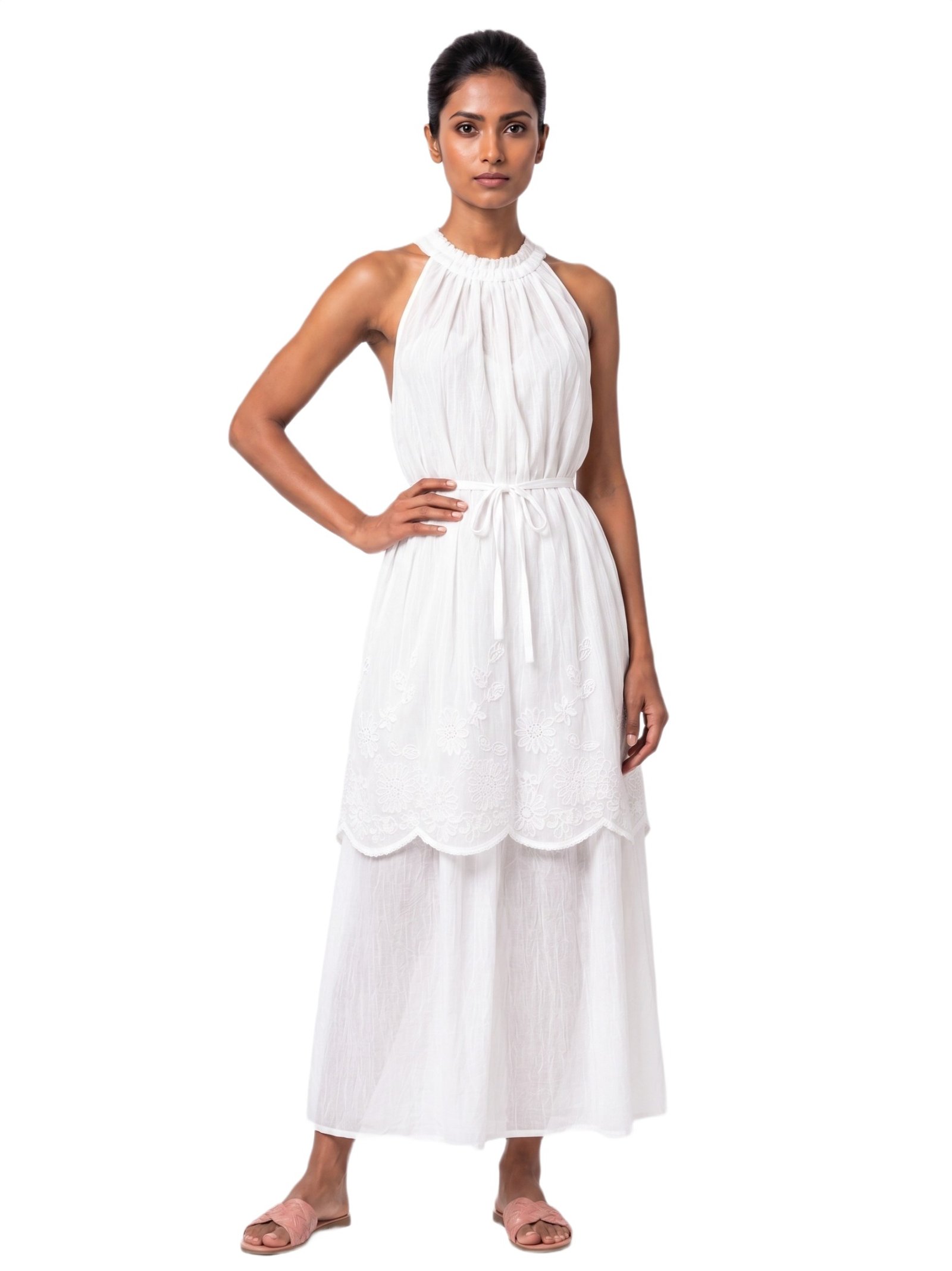 Pearl White Petal Embroidered Maxi Dress - Elegant Women's Evening Gown