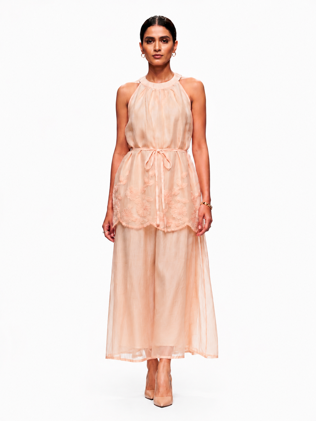 Champagne Blossom Embroidered Maxi Dress - Elegant Evening Gown