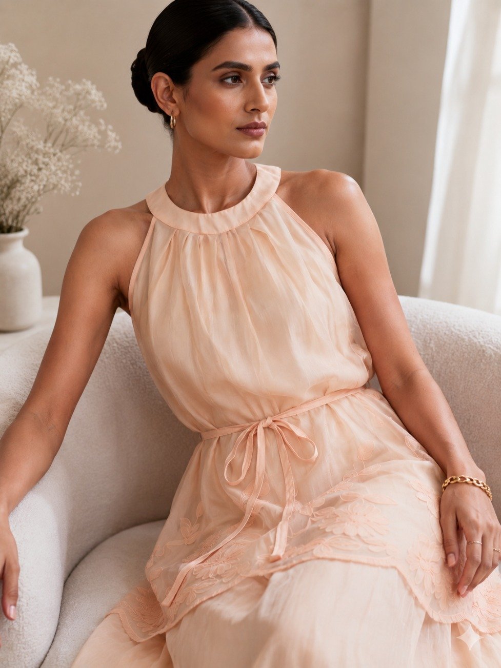 Champagne Blossom Embroidered Maxi Dress - Elegant Evening Gown - Image 4