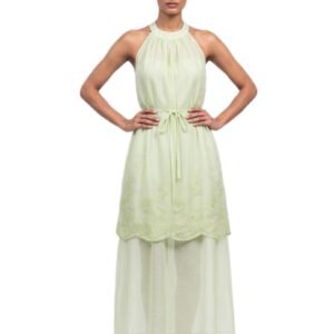 Pistachio Petal Embroidered Maxi Dress - Elegant Floral Evening Gown